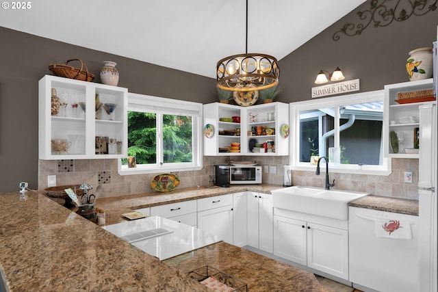 6027 View Loop, Florence, OR 97439 - kitchen featuring open shelves, white appliances, decorative backsplash, and lofted ceiling