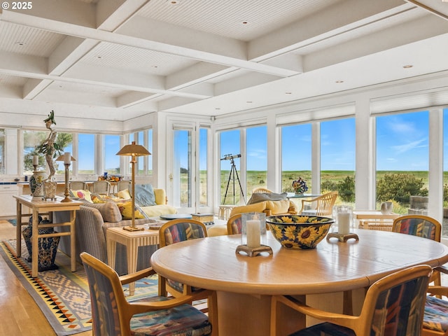 766 Neacoxie Blvd, Gearhart, OR 97138 - sunroom / solarium featuring coffered ceiling, wood finished floors, and beamed ceiling