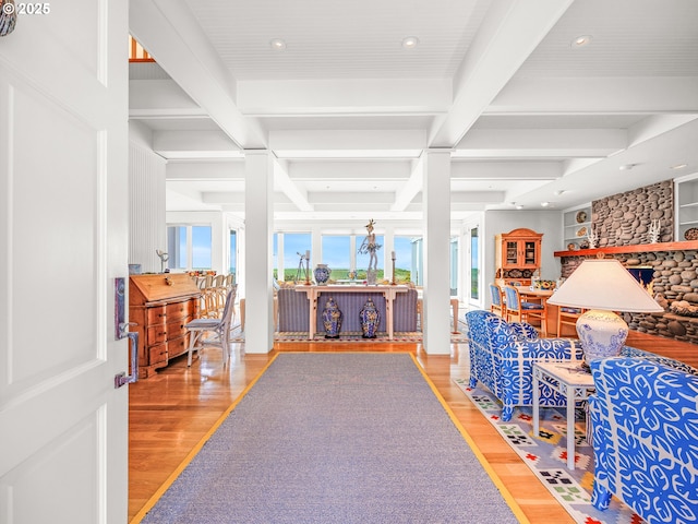 766 Neacoxie Blvd, Gearhart, OR 97138 - entryway with wood finished floors, coffered ceiling, beamed ceiling, and recessed lighting