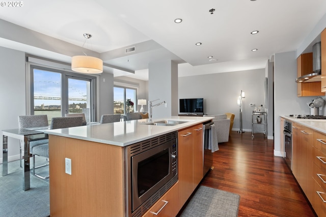 kitchen featuring sink, hanging light fixtures, appliances with stainless steel finishes, dark hardwood / wood-style floors, and a kitchen island with sink