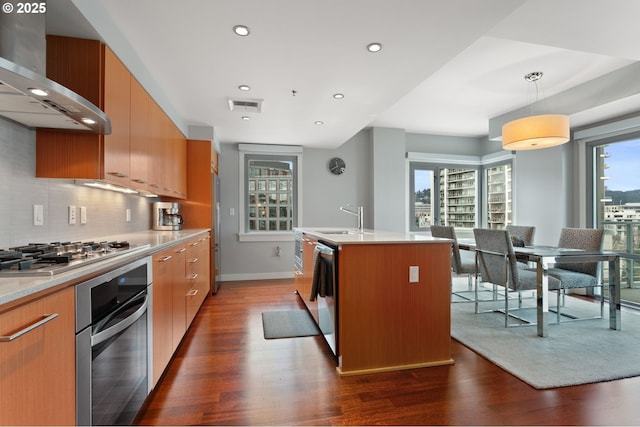 kitchen featuring wall chimney exhaust hood, sink, a center island with sink, pendant lighting, and stainless steel appliances