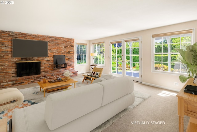 2160 Oakmont Way, Eugene, OR 97401 - living area featuring plenty of natural light, carpet floors, and a brick fireplace
