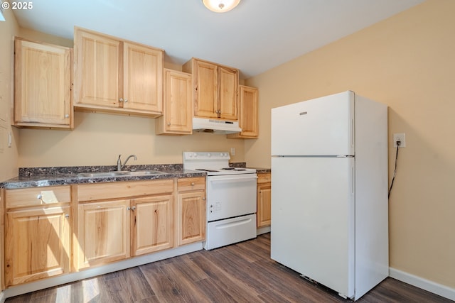 3211 E 17th St, Vancouver, WA 98661 - kitchen featuring white appliances, light brown cabinets, under cabinet range hood, dark countertops, and dark wood-style floors
