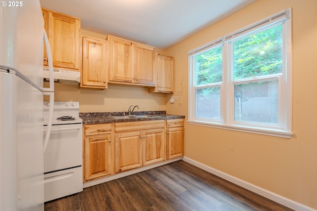 3211 E 17th St, Vancouver, WA 98661 - kitchen featuring white appliances, under cabinet range hood, dark countertops, dark wood finished floors, and light brown cabinetry