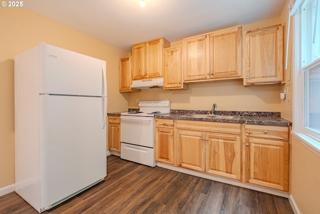 3211 E 17th St, Vancouver, WA 98661 - kitchen featuring white appliances, under cabinet range hood, dark countertops, dark wood-style floors, and light brown cabinets