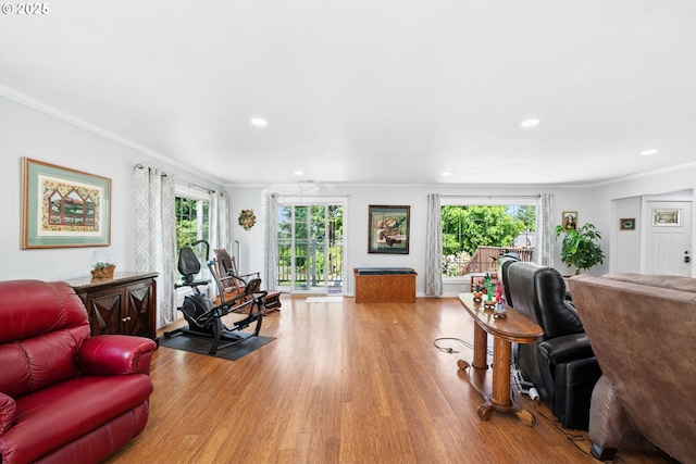 35111 Jefferson Ln, Astoria, OR 97103 - living area with wood finished floors, recessed lighting, and crown molding