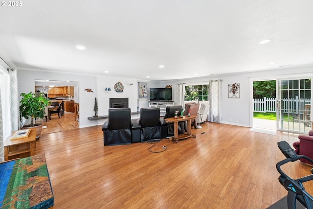 35111 Jefferson Ln, Astoria, OR 97103 - living area featuring light wood-type flooring, recessed lighting, and a fireplace with raised hearth