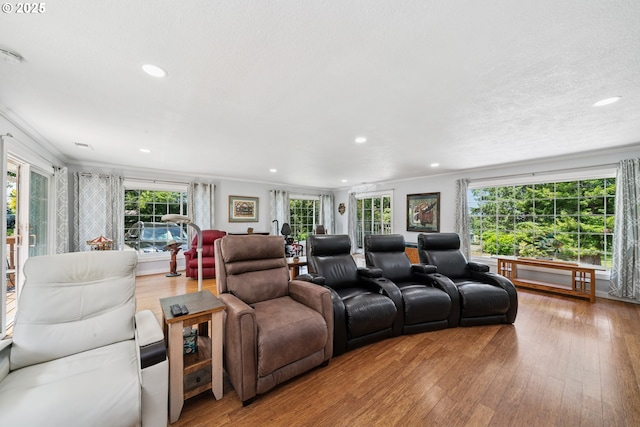 35111 Jefferson Ln, Astoria, OR 97103 - cinema room featuring hardwood / wood-style flooring, healthy amount of natural light, recessed lighting, and crown molding