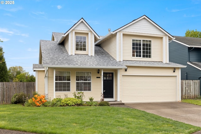 view of front of house featuring fence, roof with shingles, an attached garage, a front lawn, and driveway
