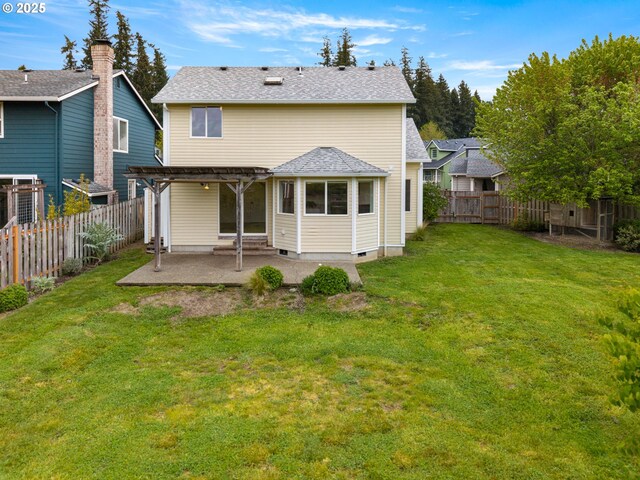 back of property with a lawn, a pergola, a fenced backyard, and a patio