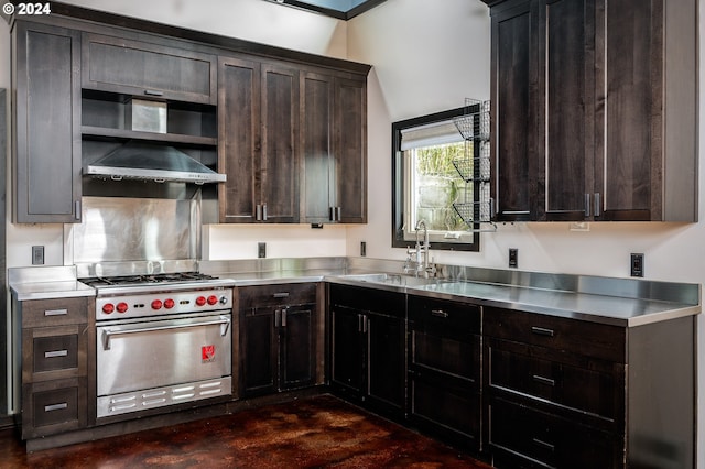 kitchen featuring stainless steel counters, sink, premium range, and extractor fan