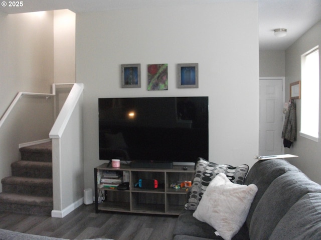 35087 Roberts Ln, Saint Helens, OR 97051 - living room featuring baseboards, stairs, wood finished floors, and a wealth of natural light