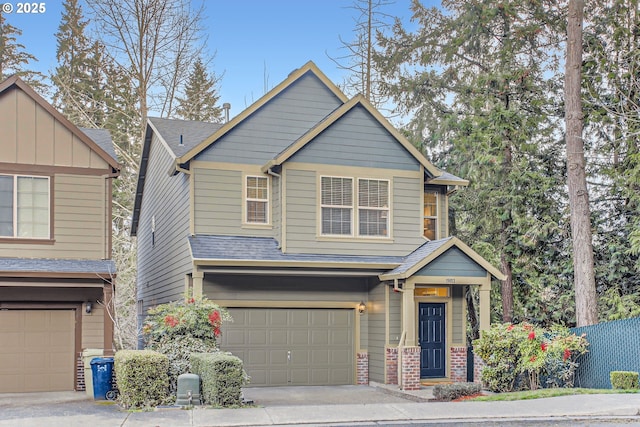 craftsman-style house featuring brick siding, concrete driveway, a garage, and roof with shingles