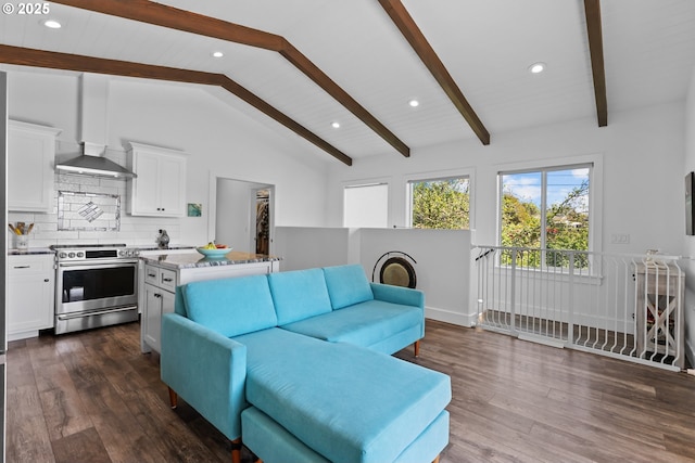 15436 Oceanview Dr, Brookings, OR 97415 - living area featuring dark wood finished floors, recessed lighting, and vaulted ceiling with beams