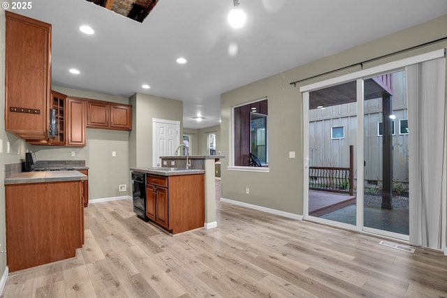 kitchen with sink, a healthy amount of sunlight, black dishwasher, an island with sink, and light hardwood / wood-style floors