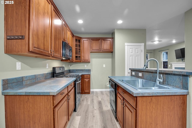 kitchen with sink, black appliances, and light hardwood / wood-style flooring