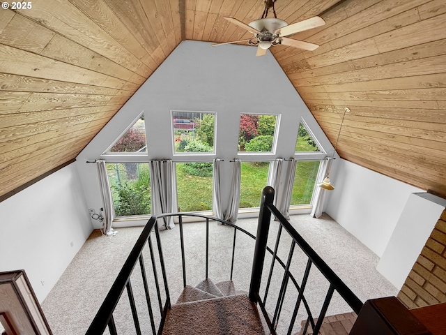 55 Irving St, Cathlamet, WA 98612 - stairway with wooden ceiling, carpet, vaulted ceiling, and a ceiling fan