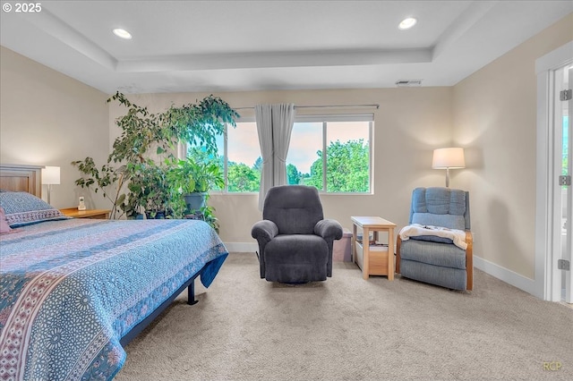 bedroom with light carpet, baseboards, and recessed lighting