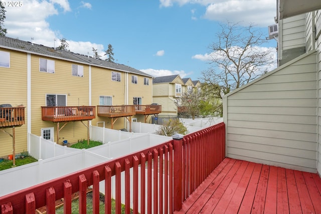 wooden deck featuring a residential view and a fenced backyard