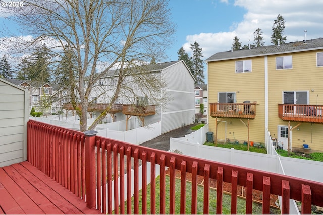 wooden deck featuring a fenced backyard and a residential view