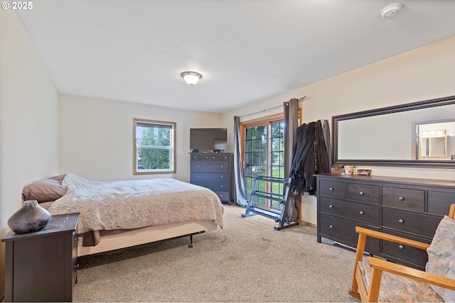 bedroom featuring light carpet and multiple windows