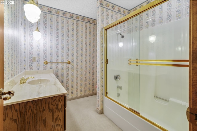 17002 NE 50th Ave, Vancouver, WA 98686 - bathroom with combined bath / shower with glass door, vanity, and wallpapered walls