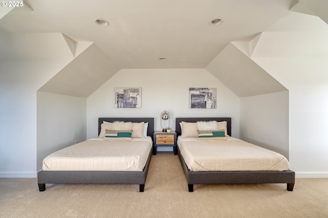 bedroom with light carpet, baseboards, vaulted ceiling, and recessed lighting