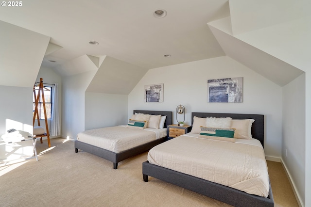 bedroom with light carpet, baseboards, vaulted ceiling, and recessed lighting