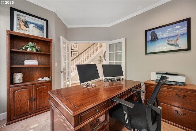 office space featuring french doors, crown molding, and light carpet