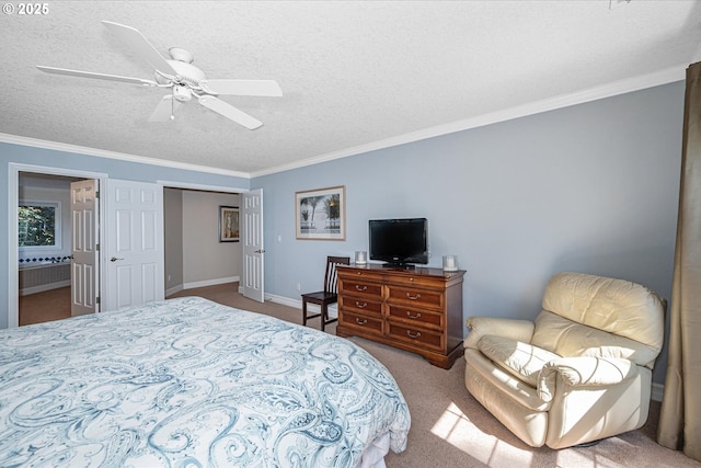 bedroom featuring crown molding, carpet, a textured ceiling, baseboards, and ceiling fan