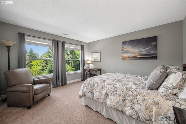 carpeted bedroom featuring a textured ceiling and baseboards