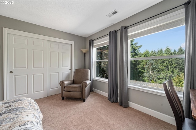 bedroom featuring light carpet, a closet, and baseboards