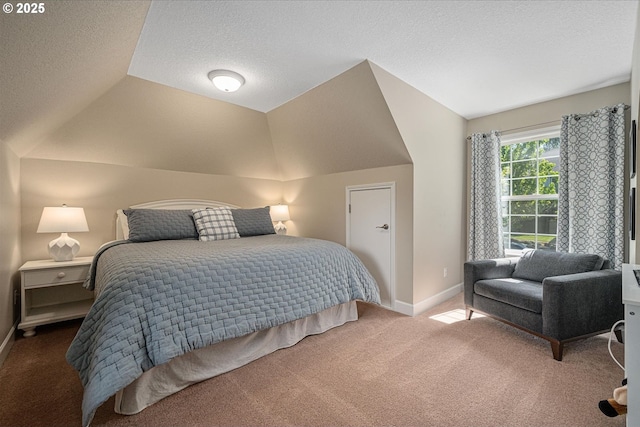 bedroom featuring carpet flooring, baseboards, vaulted ceiling, and a textured ceiling