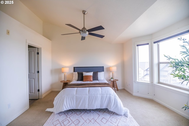 9235 NW Germantown Rd, Portland, OR 97231 - bedroom featuring light carpet, vaulted ceiling, and ceiling fan