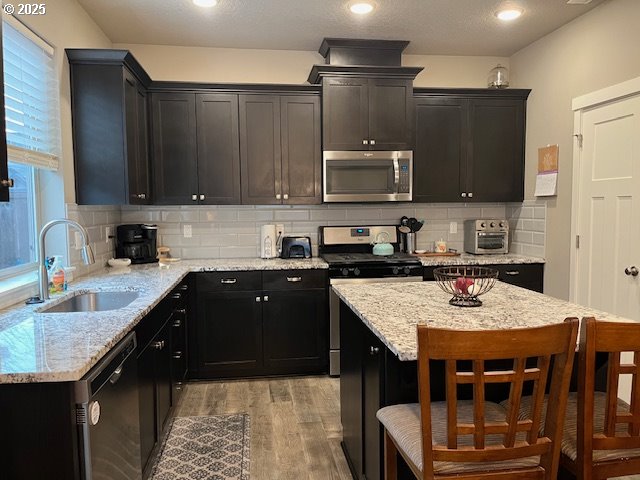 kitchen featuring sink, light stone countertops, a wealth of natural light, light hardwood / wood-style floors, and stainless steel appliances