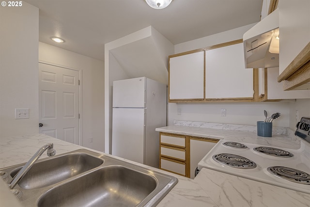 7197 SW Sagert St Unit 103, Tualatin, OR 97062 - kitchen featuring white appliances, a sink, extractor fan, white cabinetry, and marble look tile flooring