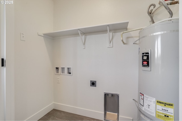 laundry room with water heater, electric dryer hookup, hookup for a washing machine, and baseboards