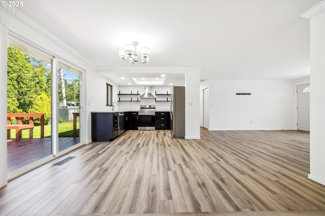 1630 SW Kings Byway, Troutdale, OR 97060 - unfurnished living room with a sink, light wood-style flooring, ornamental molding, a chandelier, and recessed lighting