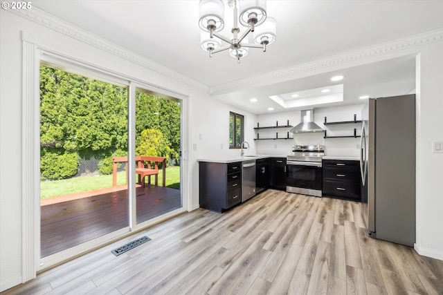 1630 SW Kings Byway, Troutdale, OR 97060 - kitchen with wall chimney exhaust hood, stainless steel appliances, open shelves, a sink, and a chandelier