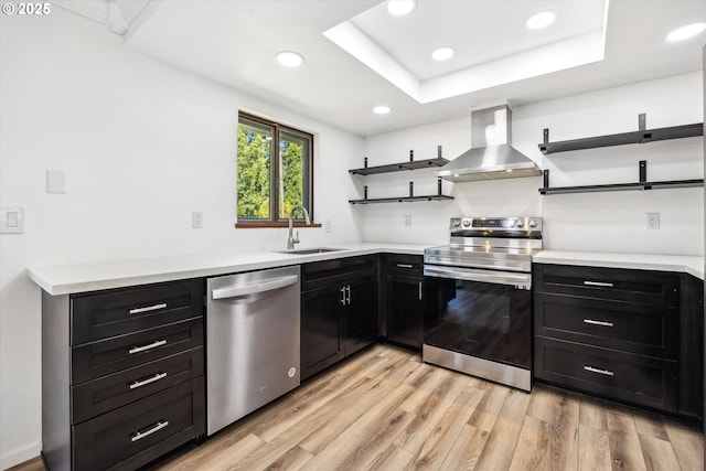 1630 SW Kings Byway, Troutdale, OR 97060 - kitchen featuring open shelves, wall chimney exhaust hood, stainless steel appliances, a sink, and dark cabinets