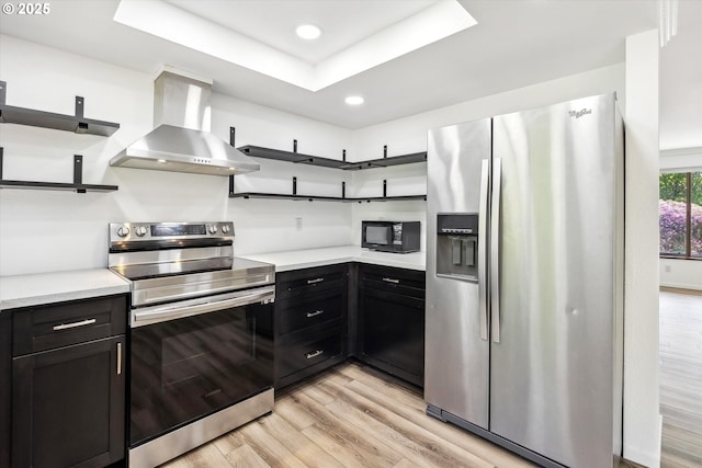 1630 SW Kings Byway, Troutdale, OR 97060 - kitchen featuring appliances with stainless steel finishes, open shelves, wall chimney range hood, dark cabinetry, and recessed lighting