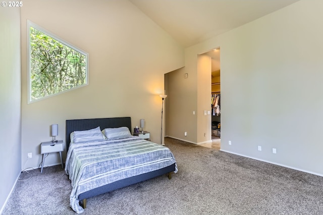 carpeted bedroom with baseboards, a walk in closet, and lofted ceiling