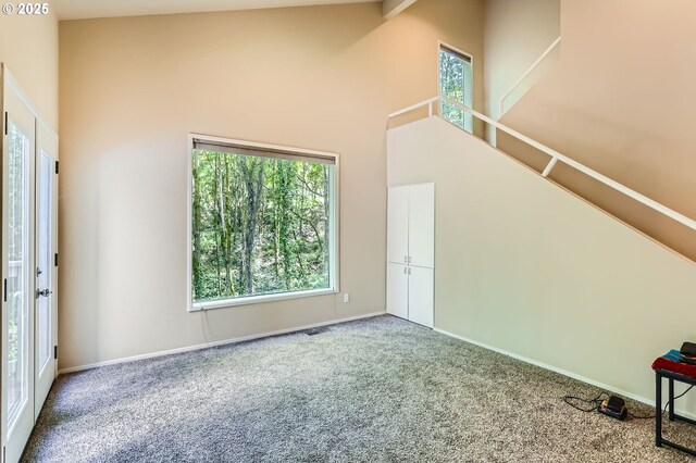 unfurnished living room with high vaulted ceiling, a wealth of natural light, and carpet