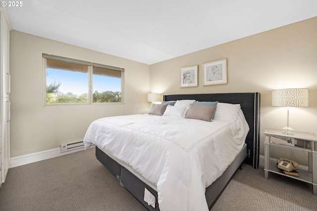 bedroom featuring a baseboard radiator, carpet flooring, and baseboards