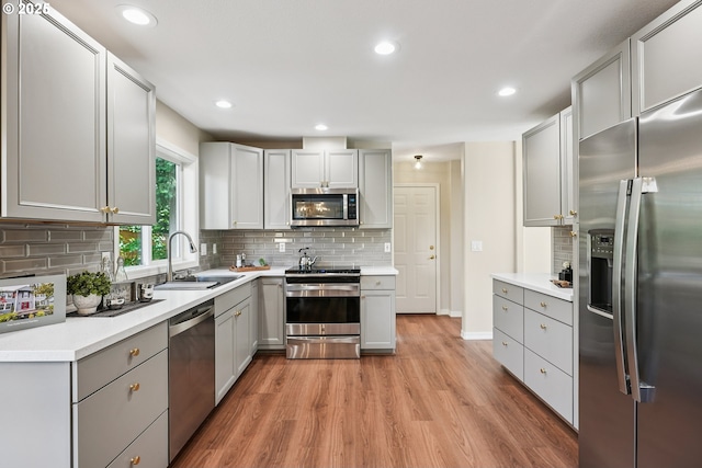 7330 SW Kelsi Ct, Portland, OR 97223 - kitchen with stainless steel appliances, a sink, gray cabinetry, light wood-style flooring, and backsplash