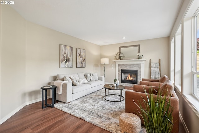 7330 SW Kelsi Ct, Portland, OR 97223 - living area with dark wood-style flooring, baseboards, a fireplace, and recessed lighting