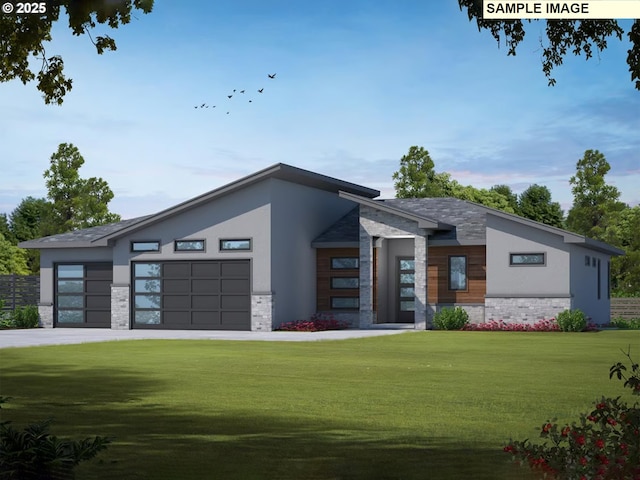 view of front of house featuring a garage, stone siding, a front yard, and stucco siding