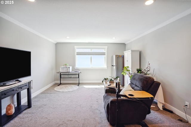 1522 NE Sunrise Ln, Hillsboro, OR 97124 - living area with baseboards, ornamental molding, carpet, and recessed lighting