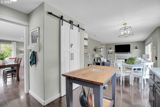 2805 Knox Ridge Ter, Forest Grove, OR 97116 - kitchen featuring a barn door, healthy amount of natural light, dark wood-type flooring, and a textured ceiling