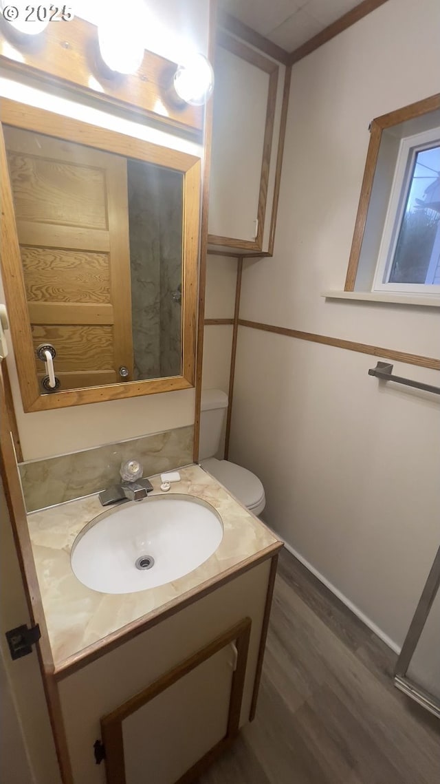 bathroom with toilet, wood finished floors, and vanity